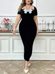 Modelyn Plus Size Elegant Short Sleeve Butterfly Floral Lace Trim Sweater Dress, Elegant Vintage Party, Long Sweater Dresses