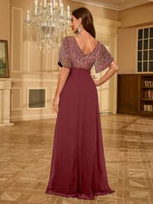 UNITHORSE Sequin Chiffon Formal Dress, Black Elegant Gown For Prom, Wedding Guest, Graduation Ceremony, Evening Party, Bridal Shower - Redwood - View 3