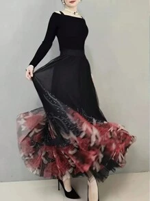 INAWLY Women Floral Print Summer Elegant Skirt - Black - View 5