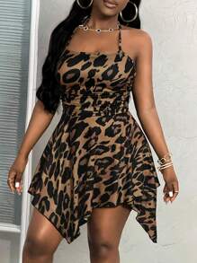 Slaydiva Women's Street Style Halter Leopard Print Pleated Summer Dress