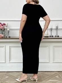 Modelyn Plus Size Elegant Short Sleeve Butterfly Floral Lace Trim Sweater Dress, Elegant Vintage Party, Long Sweater Dresses