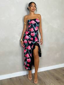 Glamine Stretchiges Blumendamenkleid ohne Träger, sexy und elegant mit Spitzenbesatz, ideal für ein Date-Night