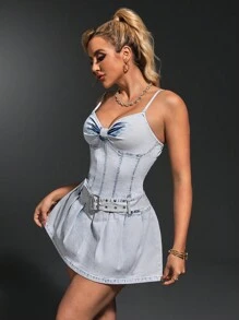 SHEIN SXY Denim Spaghetti Strap Pleated Back Zipper Minimalist Short Casual Dress - Light Wash - View 5