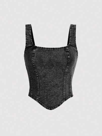 SHEIN MOD 女式黑色休闲牛仔背心，宽肩带，后拉链