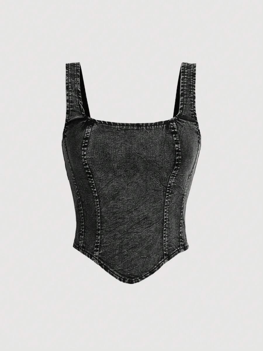 SHEIN MOD Parte superior de tirantes anchos y cierre trasero de mezclilla casual negra para mujer - Negro - Ver 1