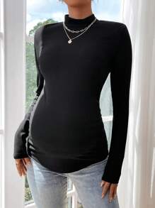 SHEIN Blusa casual de manga larga con cuello de cordón negro para maternidad