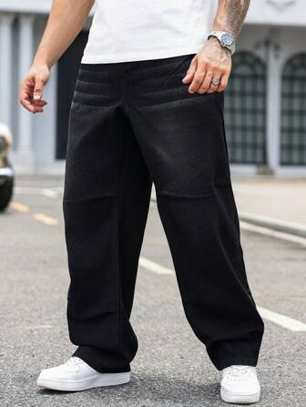 Manfinity EMRG Herren Große Größen Lässig gerade bequeme Streetwear Jeans, einfarbig lange weite plain schwarze verwaschen Cargo Jeans, als Geschenk für Ehemann oder Freund