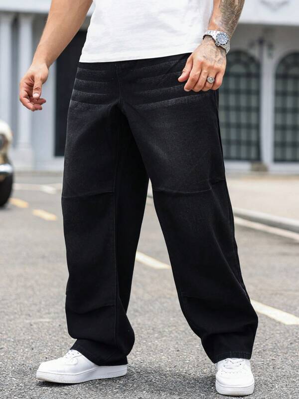 Manfinity Homme Men's Plus Size Casual Straight Comfy Streetwear Jeans, Plain Long Baggy Plain Black Dark Wash Jeans Cargo Jeans, For Husband, Boyfriend Gifts Going Out Hang Out Commute Vacation Street