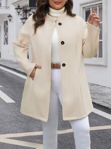 SHEIN LUNE Plus Size Women's Elegant Front Button Long Sleeve Overcoat, Suitable For Autumn & Winter