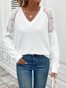 SHEIN LUNE Women's V-Neck Lace Patchwork Waffle Texture Casual Vacation Sweatshirt, Summer In Fall/Winter - White - View 4