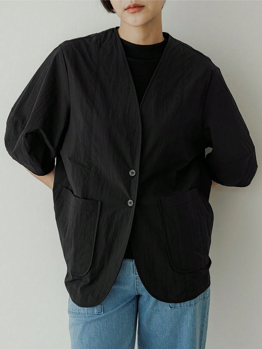 DAZY 女士纯色简约休闲无袖纽扣前开衫女式夹克，秋季女装 - 黑色 - 查看 1