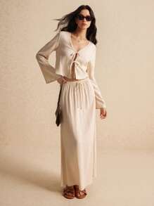 SHEIN Frenchy Bộ 2 chiếc Váy dài tay đơn giản có dây buộc màu trơn tối giản dành cho nữ - Màu be - Xem 3