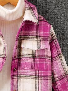 SHEIN Áo khoác trẻ em mùa đông thời trang giản dị đa năng kẻ sọc hồng cổ sơ mi tiện dụng có túi, mặc hàng ngày, đi làm, dạo phố và quay lại trường - Màu Hồng Tươi - Xem 5