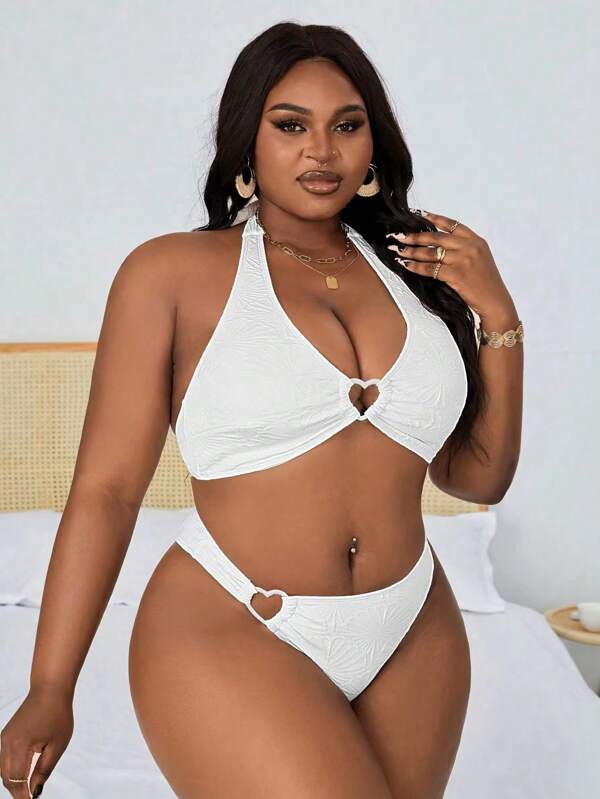 Slaydiva Summer Beach Plus Size Women Solid Color Simple Halter Bikini Set