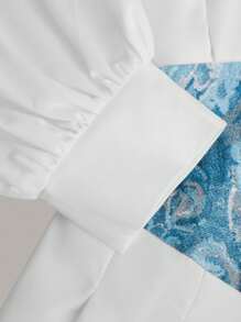 SHEIN Teen Girl Spring & Autumn Casual Jacquard Splice Shirt Collar Waist-Belted Dress - Baby Blue - View 3