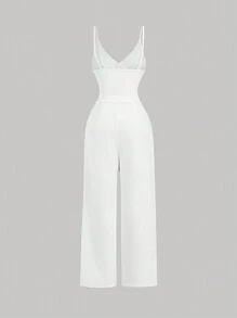 SHEIN MOD Vintage Casual V-Neck Slim Fit Sleeveless Jumpsuit With Lapel For Women, White Women Jumpsuit,Back To School Clothes,Fall Outfits - White - View 2