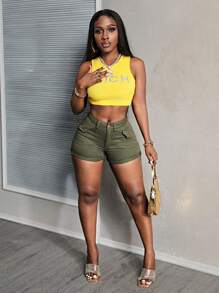 SHEIN Slayr Women Pocket Design Skinny Casual Versatile Denim Shorts - Army Green - View 7