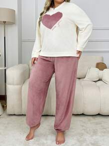 Conjunto de pijama de talla grande con parte superior de manga larga con bordado de corazón y letras en contraste de color y pantalón de unicolor - Beis - Ver 6