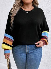 SHEIN LUNE Plus Size Women's Color Block Simple Daily Long Sleeve Crew Neck Sweater, For Winter Knit Pullover Fall Outfit - Black - View 5