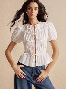 Poéselle 女士纯色简约日常系带泡泡袖衬衫，白色系带衬衫，泡泡袖，秋季衬衫，100% 纯棉，外套，娃娃装上衣，蝴蝶结衬衫，女士衬衫，商务休闲女装 - 白色 - 查看 5