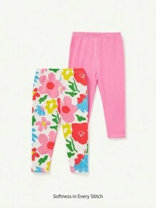 Cozy Pixies 2pcs Casual Baby Girl Floral Print Leggings, Spring & Summer