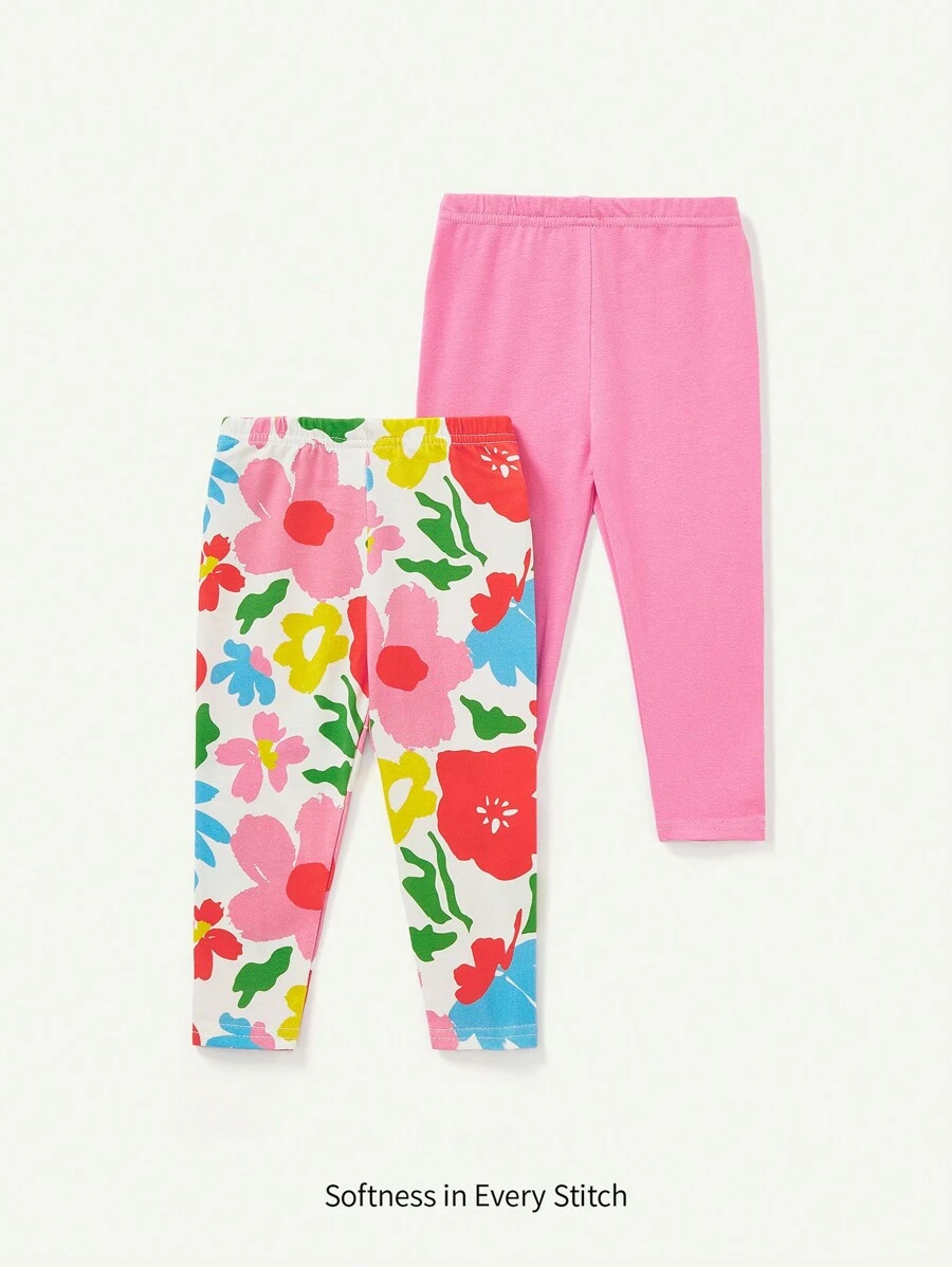Cozy Pixies 2pcs Casual Baby Girl Floral Print Leggings, Spring & Summer