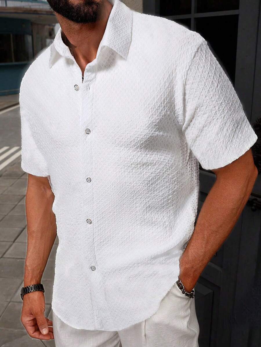 Manfinity Homme Solid Color Button-Down Short Sleeve Shirt With Diamond ...