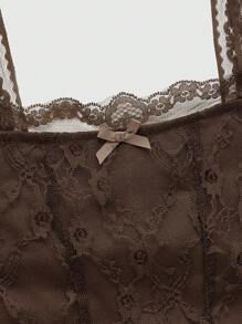 ROMWE Fairycore Contrast Lace Cold Shoulder Top - Coffee Brown - View 3