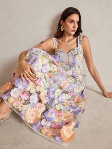 Anewsta Elegant 3D Floral Embroidered Mid-Length Slip Dress For Women Maxi Women Outfit