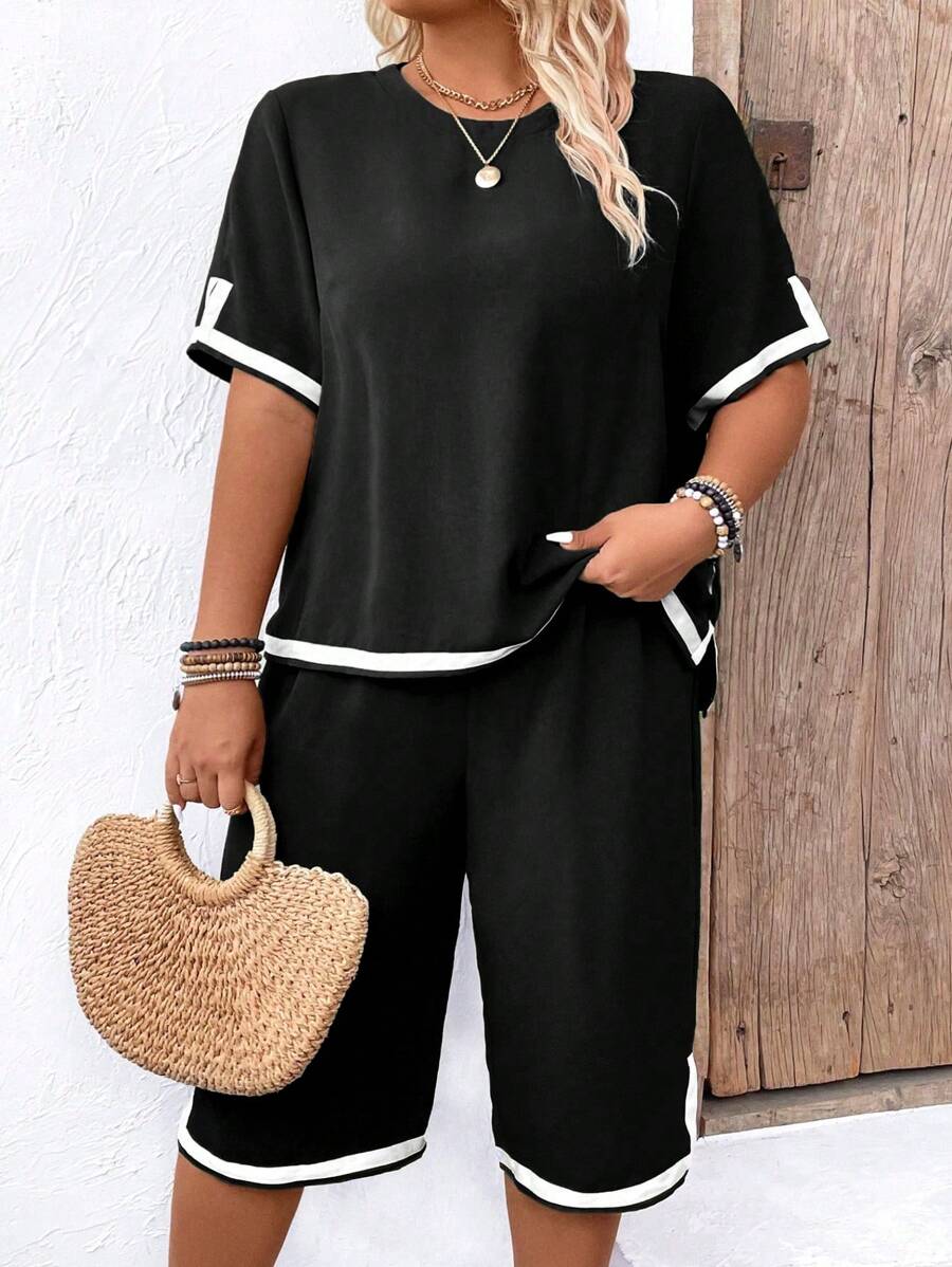2pcs Plus Size Contrast Color Trim Round Neck Short Sleeve Top And Shorts Summer Casual Set - Black - View 1
