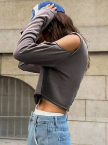 Bohemela Grey Open Shoulder Long Sleeve Crop Top For Ladies, Autumn - Grey - View 6