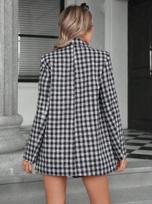 SHEIN Privé Padrão xadrez clássico casual reto longo sobretudo para mulheres - Preto - Ver 4