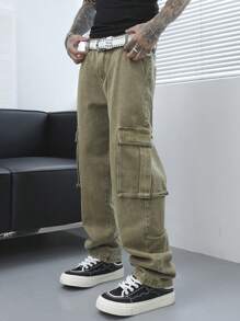 Manfinity EMRG Jeans de mezclilla con cinturón de estilo retro con bolsillos para hombres - Verde Oliva - Ver 4