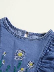 Infant/Toddler Girls' Cute Embroidered Ruffle Shoulder Denim Dress - Light Wash - View 6