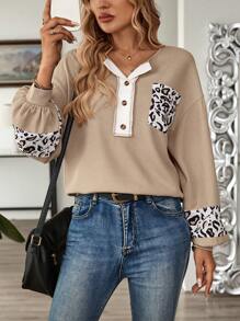 EMERY ROSE Women's V-Neck Long Sleeve Color Block Casual Loose Comfortable Leopard Print Sweatshirt - Khaki - View 3