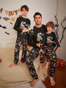 SHEIN Tween Boy Halloween Dinosaur Skeleton & Pumpkin Head Pattern Long Sleeve Top And Pants Knit Sleepwear 2-Piece Set, Daddy And Me Matching Outfits (3 Sets Sold Separately) - Black - View 1