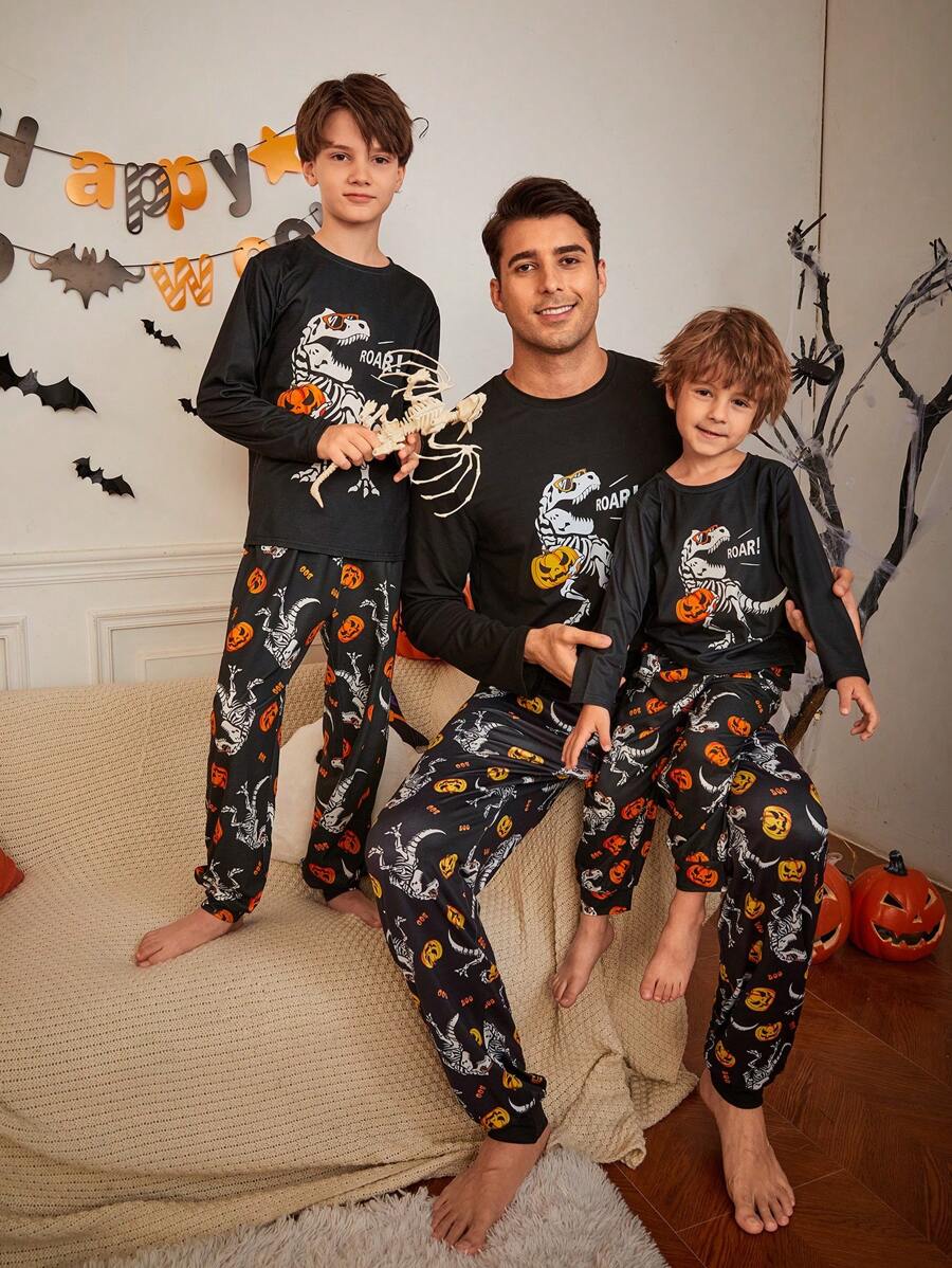 SHEIN Tween Boy Halloween Dinosaur Skeleton & Pumpkin Head Pattern Long Sleeve Top And Pants Knit Sleepwear 2-Piece Set, Daddy And Me Matching Outfits (3 Sets Sold Separately) - Black - View 1