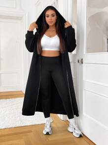 SHEIN EZwear Plus Size Black Long Hooded Sweatshirt Jacket Graduation,Back To School Outfits,Graduation,Teacher Outfits For Women,Back To School Winter Fall Autumn - Black - View 5
