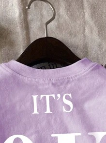 SHEIN Leap Crew 2 件套 Tween 女童休闲简约趣味字母印花短袖 T 恤和短裤两件套服装，适合夏季，衣服背面