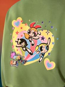 THE POWERPUFF GIRLS X SHEIN Plus Size Crew Neck Cartoon Logo Graphic Sweatshirt In Sage Green - Green - View 7