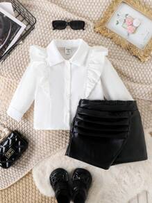 Baby Girl's White Ruffle Front Long Sleeve Blouse And Black Asymmetric Hem Shorts Set, Elegant Fashion Outfit For Spring/Fall