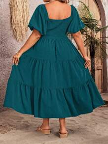 SHEIN Clasi Plus Size Women Solid Color Square Neck Ruffle Hem Short Sleeve Casual Dress Maxi Women Outfit - Teal Blue - View 2