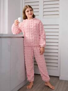 青少年女孩法兰绒睡衣，冬季保暖柔软粉色心形印花羊毛裤和宽松休闲长袖上衣 2 件套家居服套装，母女配套服装（3 套单独出售） - 粉色 - 查看 6