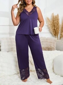 Bộ đồ ngủ liền thân cổ chữ V phối ren màu trơn cỡ lớn kèm quần dài, trang phục - Màu tím - Xem 3