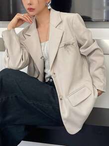 DAZY Women Lapel Front Button Pocket Long Sleeve Simple Blazer Business Attire - Khaki - View 1