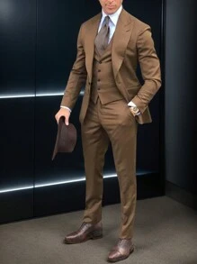 Manfinity Mode 男士鈕扣式背心和西裝褲（不含外套和襯衫） - 咖啡棕 - 查看 4