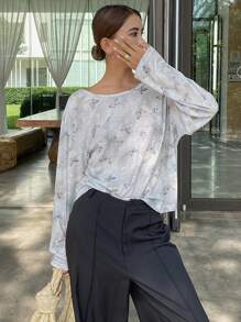 DAZY Loose Floral Print Round Neck Long Sleeve T-Shirt For Women Sheer,Fall Clothes Graphic Tee - Grey - View 1