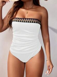 SHEIN Swim Women's Beach Vacation Wave Striped Woven Bandeau Casual Tankini Swimwear Set Summer - White - View 3