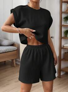 Muchica 黑色针织女式圆领短袖上衣和短裤休闲套装 - 黑色 - 查看 1