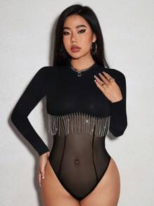 VaVaBold Spring/Winter Casual Long Sleeve Black Bodysuit,Cowgirl Fashionable Solid Color Mock Neck Slim Fit Bodysuit With Rhinestone Tassel,Women's Sheer Mesh Contract Rib-Knit Bodysuits,Carnival Night Romantic Party Valentine's Day Outfits,Punk Rock Sequin Fringe Top,Club/Rave Music Festival/Night Out Clothes - Black - View 4